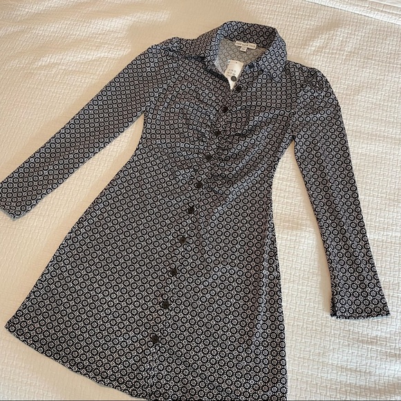 NWT “AND NOW THIS” Small, Black w/ White Long Sleeve Geo Print Polo Shirt - Picture 6 of 16